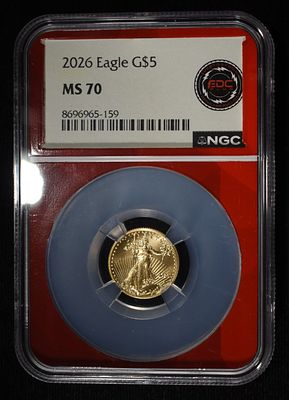 2026 $5 GOLD EAGLE NGC MS70. WEEKLY COIN & CURRENCY AUCTIONS ESTIMATE $650 - $700.