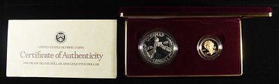 1988 OLYMPIC COMMEM SET. PROOF SILVER DOLLAR AND $5 GOLD COMMEM ESTIMATE $1500 - $1700.