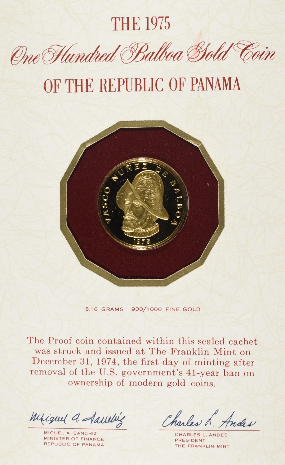 1975 PANAMA 100 BALBOA GOLD WITH CERT
