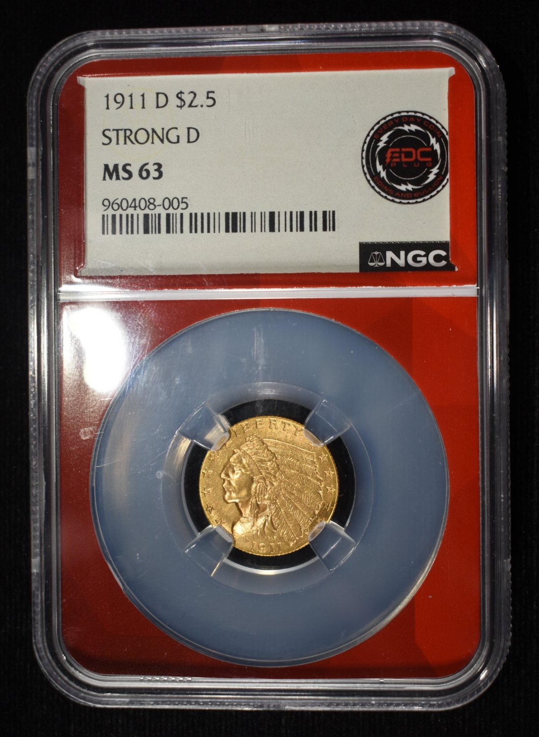 1911-D STRONG D $2.5 GOLD INDIAN NGC MS-63
