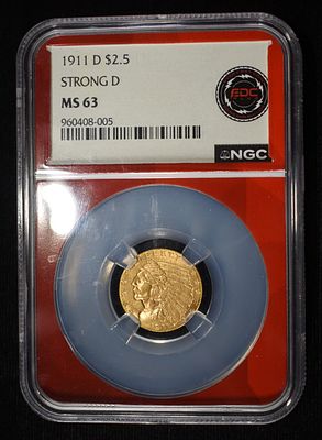 1911-D STRONG D $2.5 GOLD INDIAN NGC MS-63. CHECK OUT OUR UPCOMING AUCTIONS ESTIMATE $13000 - $15000.