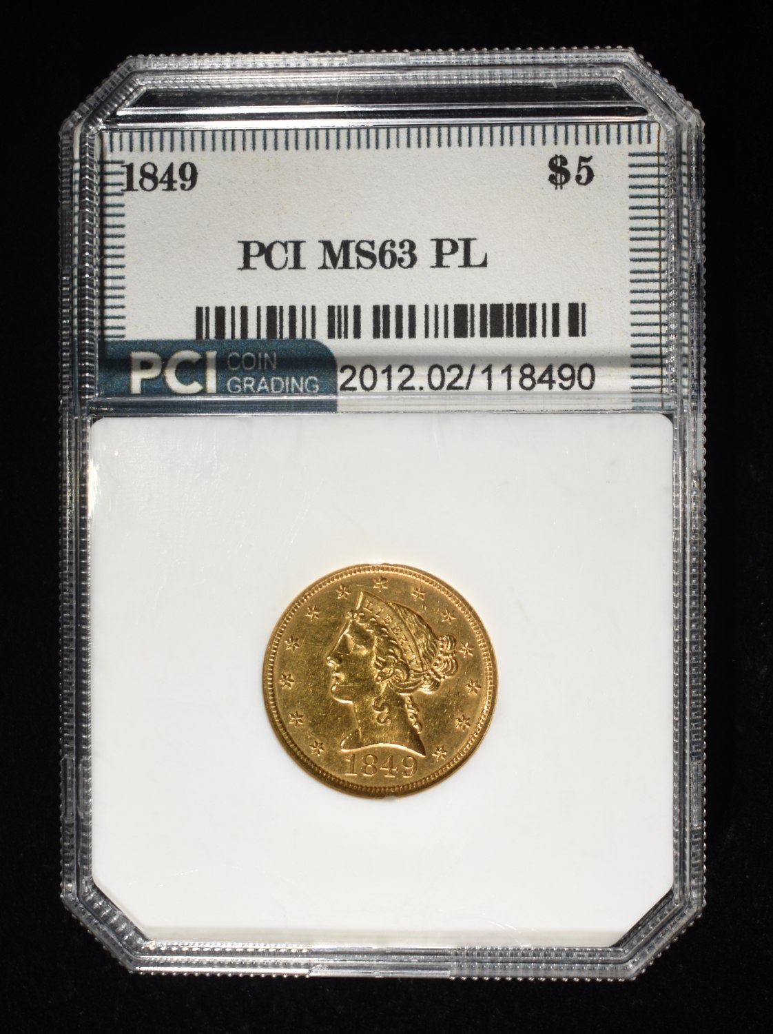 1849 LIBERTY $5 GOLD PCI CH BU PL