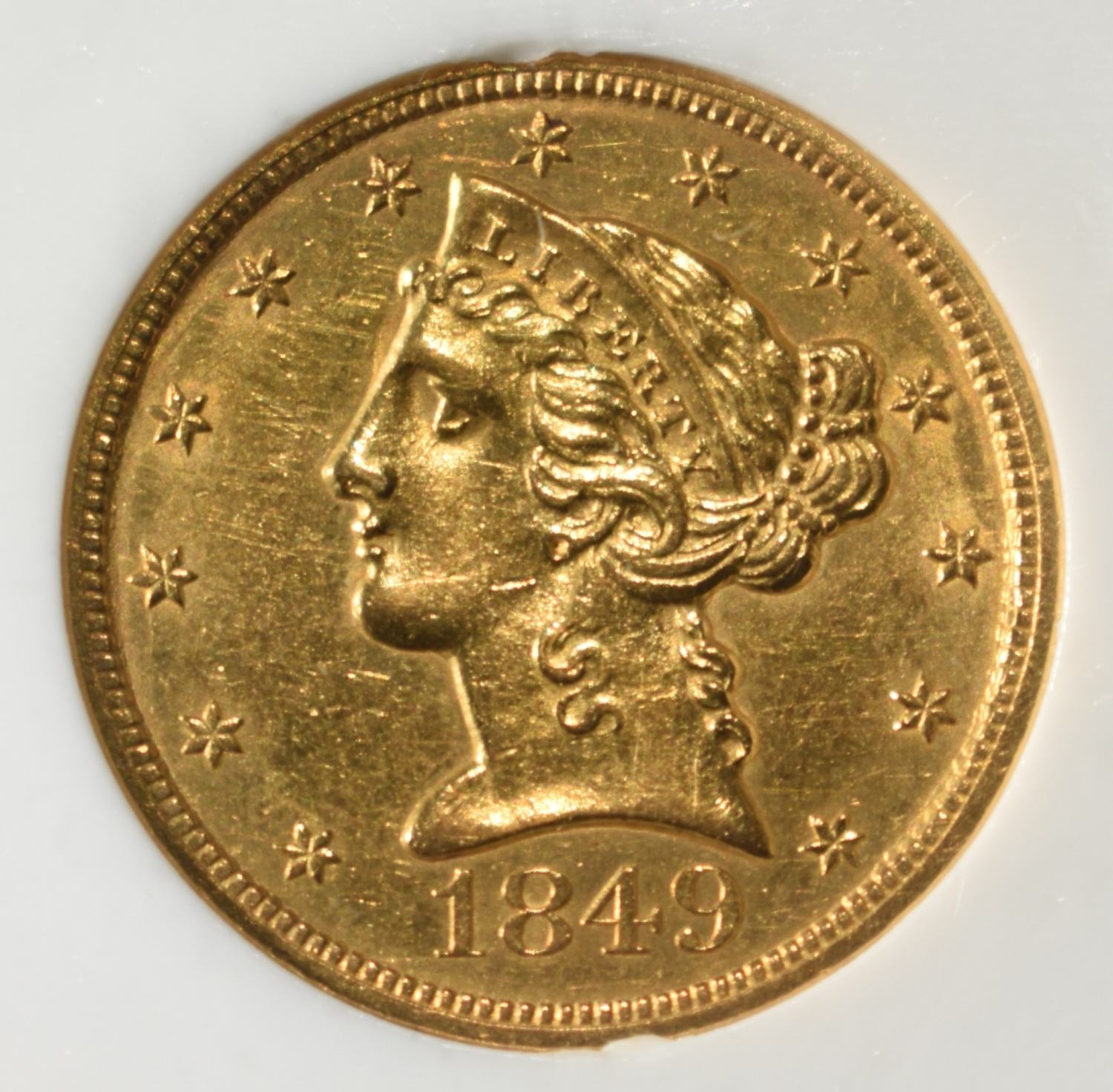 1849 LIBERTY $5 GOLD PCI CH BU PL