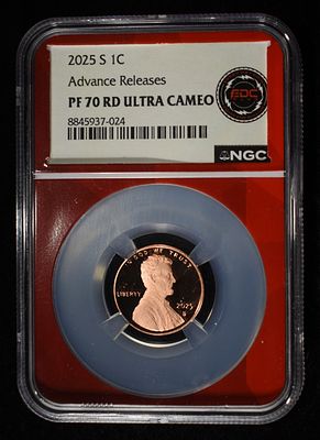 2025-S SHIELD CENT NGC PF70 RD ULTRA CAMEO. LEADERS IN ON-LINE AUCTIONS ESTIMATE $700 - $800.