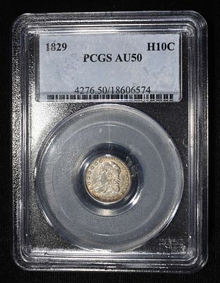 1829 BUST HALF DIME PCGS AU-50. BID WITH SILVER CITY AUCTIONS ESTIMATE $300 - $350.
