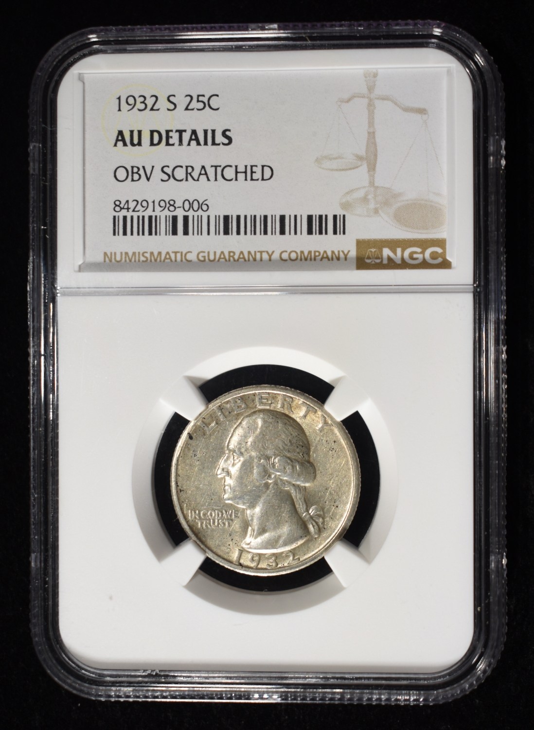 1932-S WASHINGTON 25C NGC AU DETAILS OBV SCRATCHED
