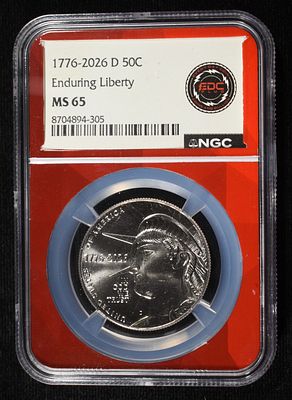 1776-2026-D ENDURING LIBERTY HALF DOLLAR NGC MS-65. CHECK OUT OUR UPCOMING AUCTIONS ESTIMATE $75 