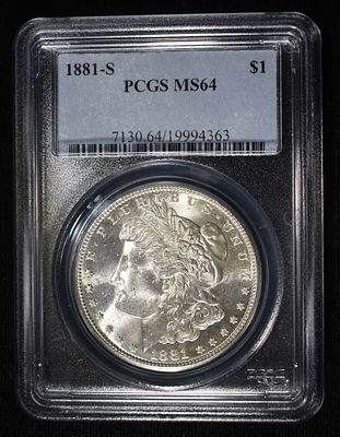 1881-S MORGAN DOLLAR PCGS MS-64. LEADERS IN ON-LINE AUCTIONS ESTIMATE $150 - $200.