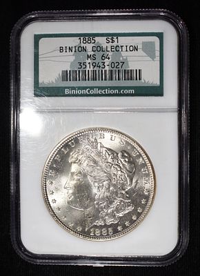 1885 MORGAN DOLLAR NGC MS-64 BINION COLLECTION. CHECK OUT OUR UPCOMING AUCTIONS ESTIMATE $150 - $200.