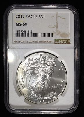 2017 AMERICAN SILVER EAGLE NGC MS69. BID WITH SILVER CITY AUCTIONS ESTIMATE $110 - $160.