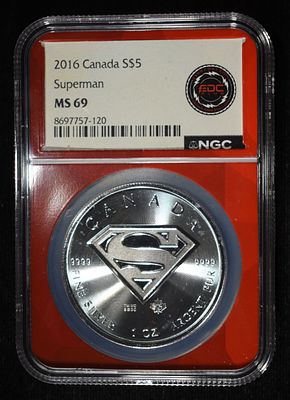 2016 1 OZ SILVER CANADA SUPERMAN NGC MS-69. BID WITH SILVER CITY AUCTIONS ESTIMATE $150 - $200.