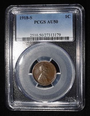 1918-S LINCOLN CENT PCGS AU-50. CHECK OUT OUR UPCOMING AUCTIONS ESTIMATE $40 - $60.