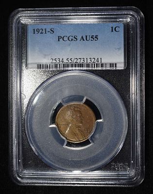 1921-S LINCOLN CENT PCGS AU-55. BID WITH SILVER CITY AUCTIONS ESTIMATE $80 - $100.