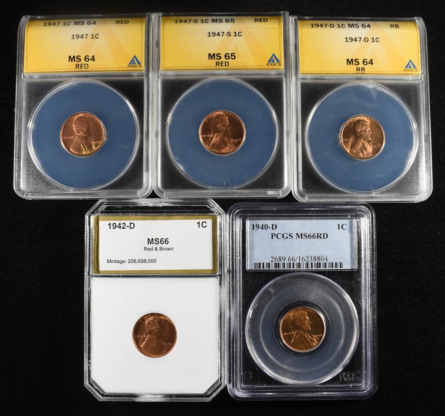 (5) CERTIFIED LINCOLN CENTS ALL BU
