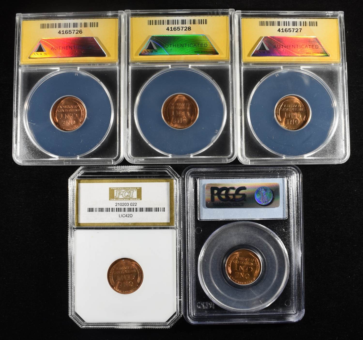 (5) CERTIFIED LINCOLN CENTS ALL BU