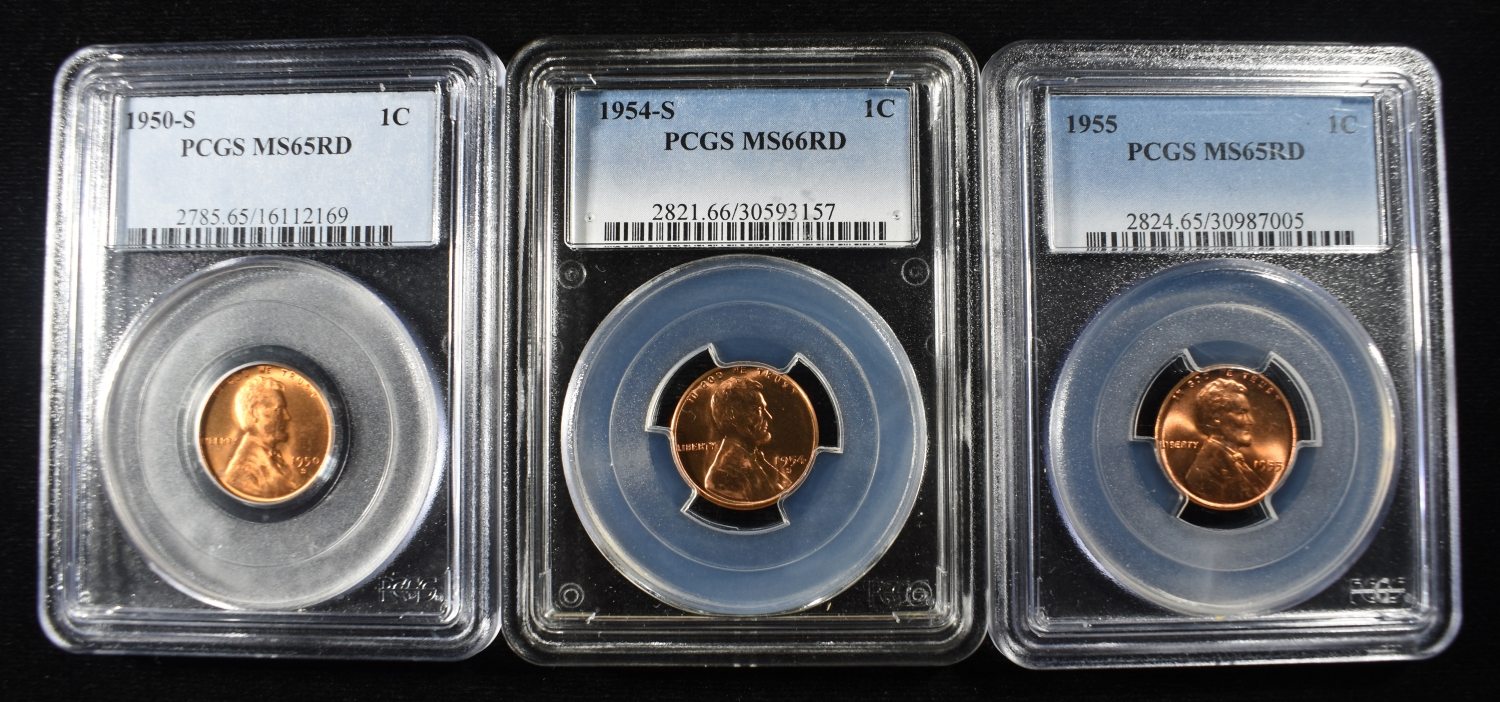 1950-S, 54-S, 55 LINCOLN CENTS PCGS MS65 & 66 RD