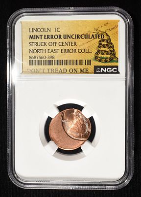 MINT ERROR UNC LINCOLN CENT NGC OFF CENTER BU. LEADERS IN ON-LINE AUCTIONS ESTIMATE $150 - $200.