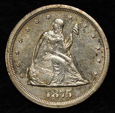 1875-S 20C PIECE AU/BU. LEADERS IN ON-LINE AUCTIONS ESTIMATE $700 - $800.