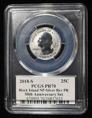 2018-S 25C BLOCK ISLAND NP SILVER PCGS REV PR70. TOP RATED AUCTION HOUSE ESTIMATE $75 - $100.