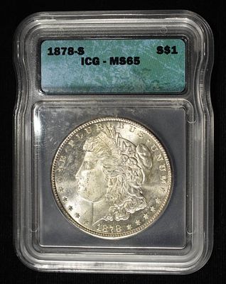 1878-S MORGAN DOLLAR ICG MS-65. CHECK OUT OUR UPCOMING AUCTIONS ESTIMATE $300 - $350.