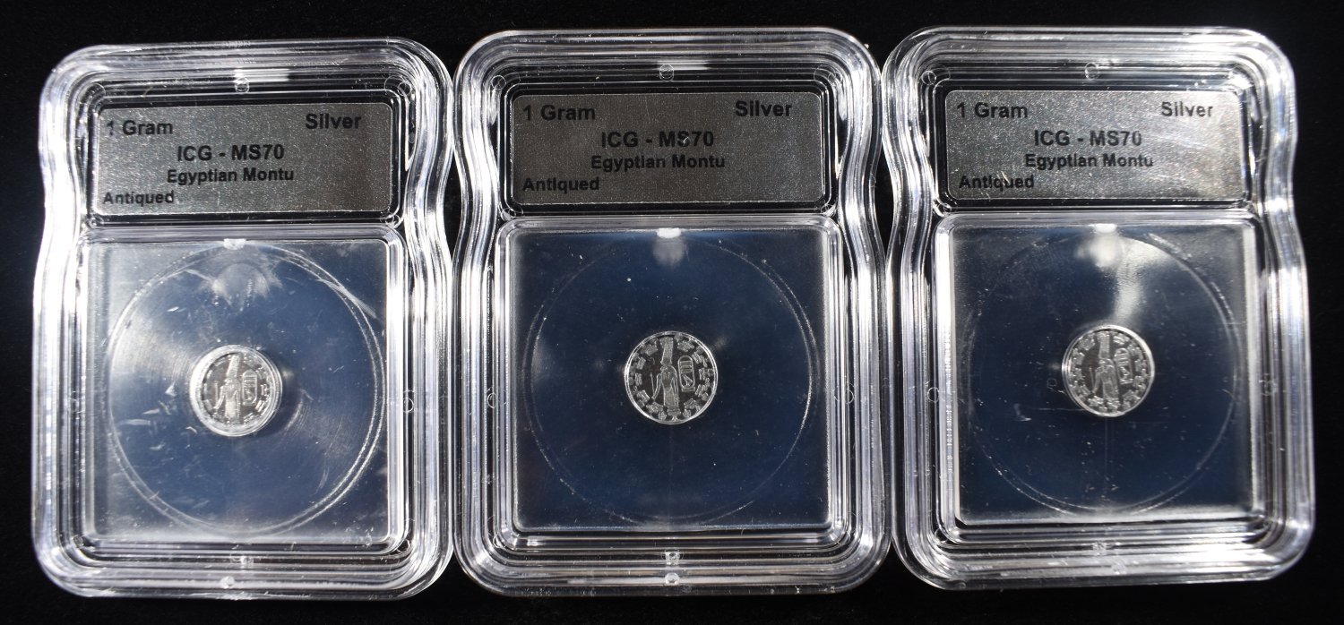 (3) 1 GRAM EGYPTIAN MONTU SILVER ICG MS70