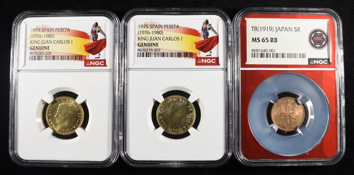 (2) 1975 SPAIN PESETA & 1919 JAPAN 5R NGC GRADED