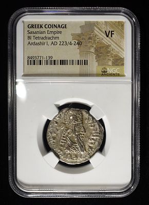 ARDASHIR 1, AD 223/4-240 NGC VF. SASANIAN EMPIRE, GREEK COINAGE, BI TETRADRACHM ESTIMATE $300 - $350.