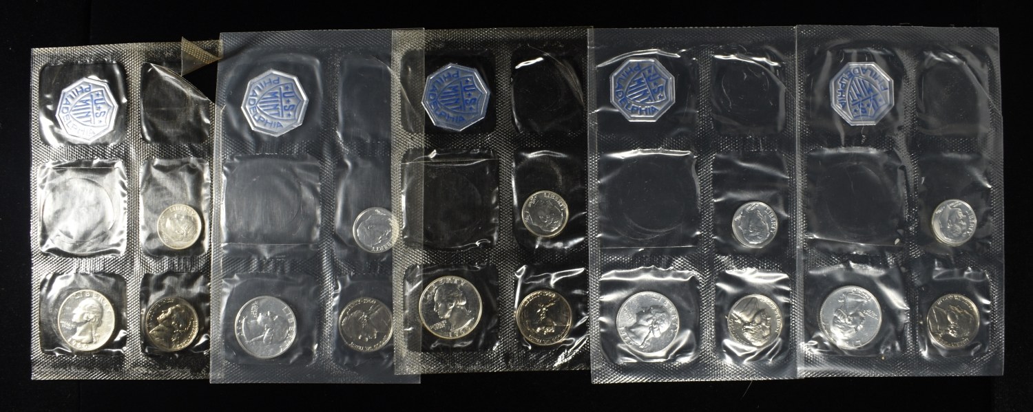 (5) 1960 PARTIAL MINT SETS MISSING 50C & 1 CENT