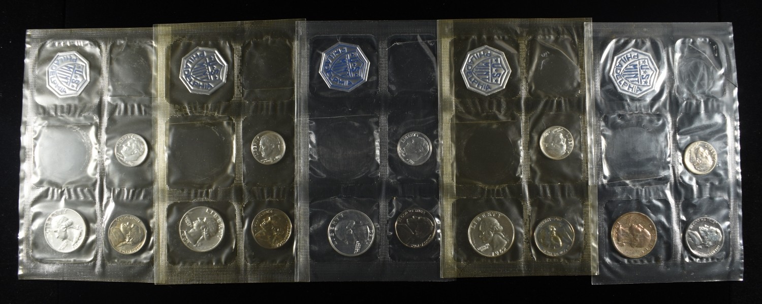 (5) 1962 PARTIAL MINT SETS MISSING 50C & 1 CENT