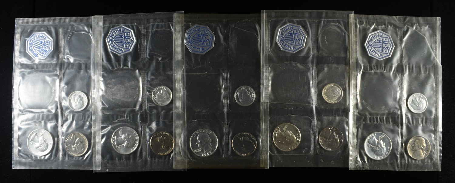 (5) 1963 PARTIAL MINT SETS MISSING 50C & 1 CENT