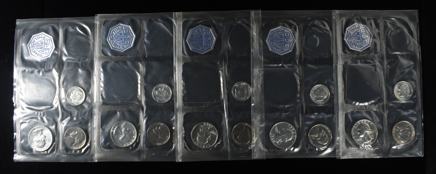 (5) 1964 PARTIAL MINT SETS MISSING 50C & 1 CENT