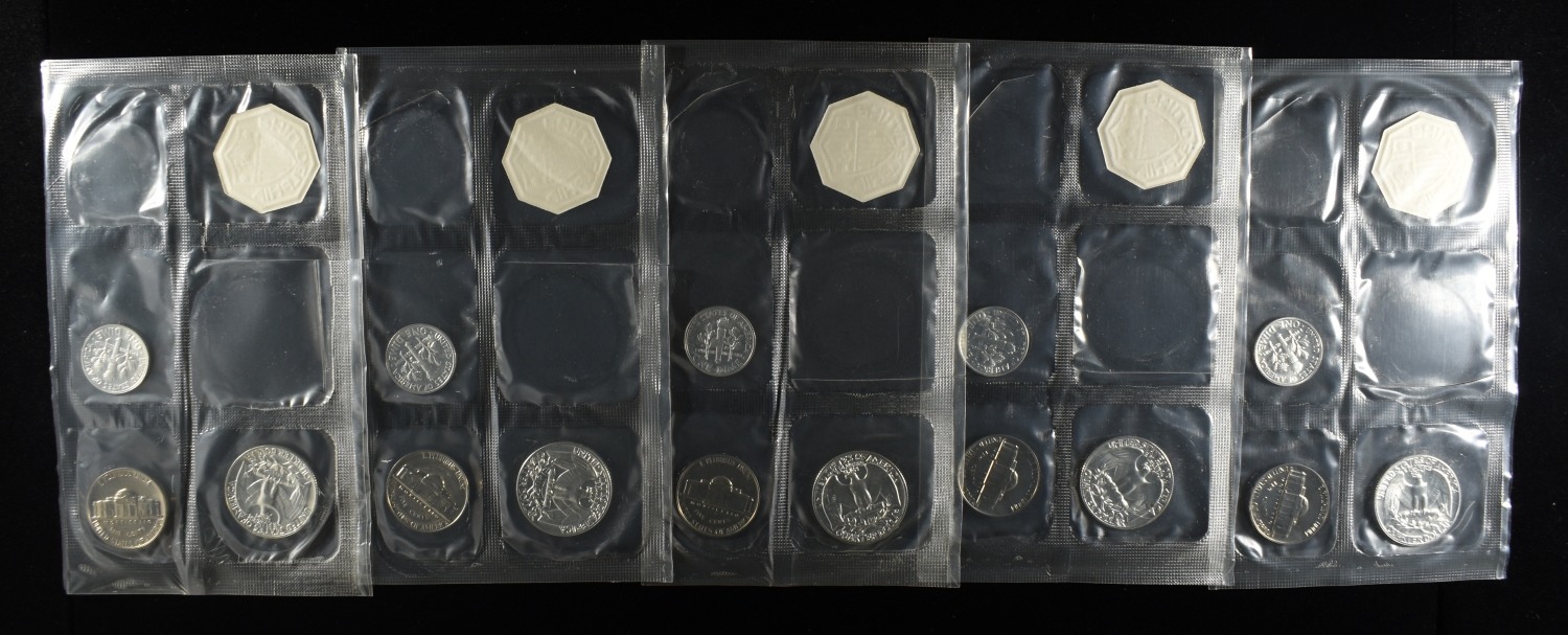 (5) 1964 PARTIAL MINT SETS MISSING 50C & 1 CENT