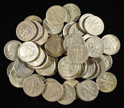 (50) 90% SILVER ROOSEVELT DIMES. BID WITH SILVER CITY AUCTIONS ESTIMATE $440 - $490.
