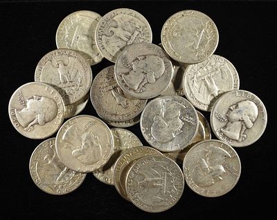 (20) 90% SILVER WASHINGTON QUARTERS. LEADERS IN ON-LINE AUCTIONS ESTIMATE $200 - $250.