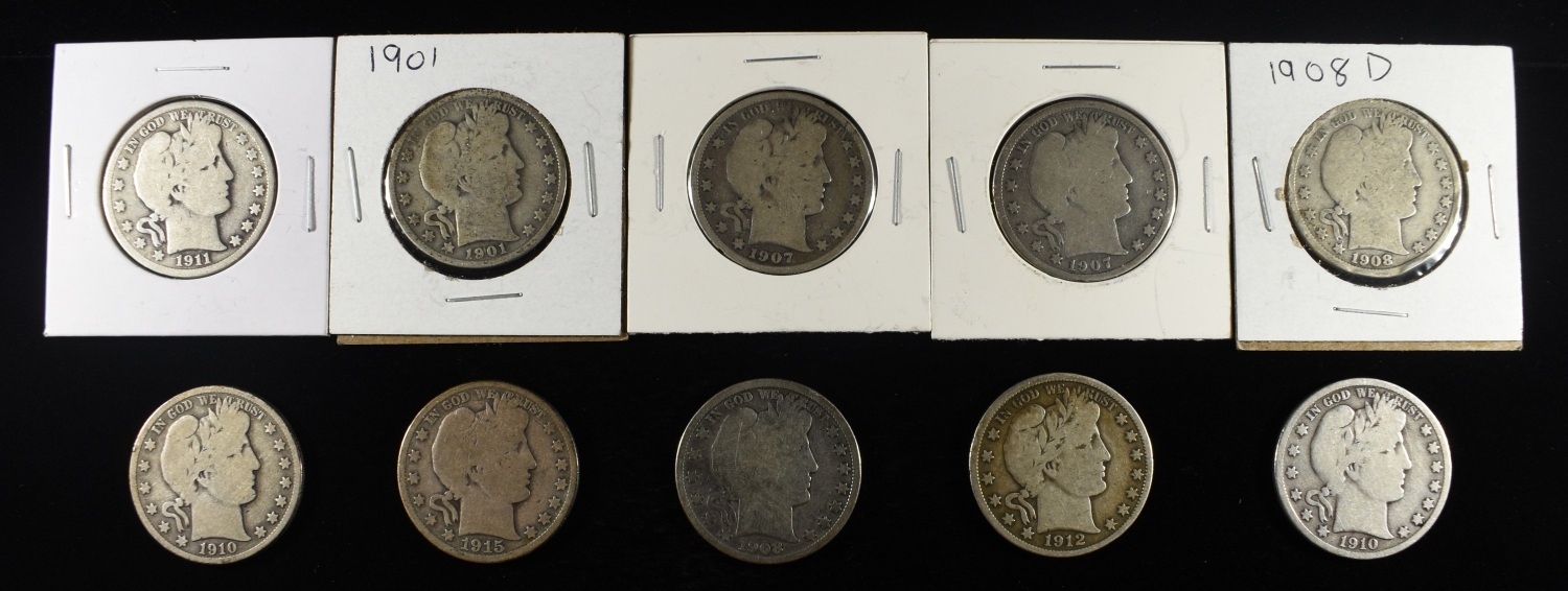 (10) BARBER HALF DOLLARS 90% SILVER
