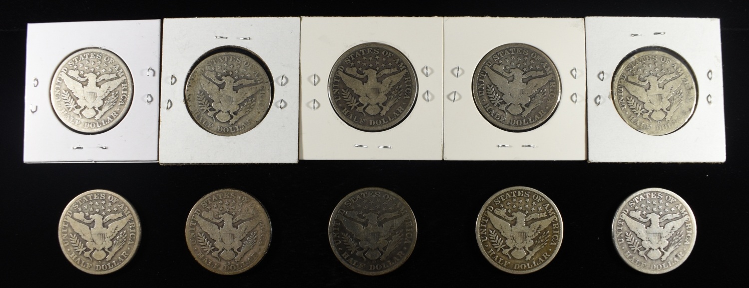 (10) BARBER HALF DOLLARS 90% SILVER