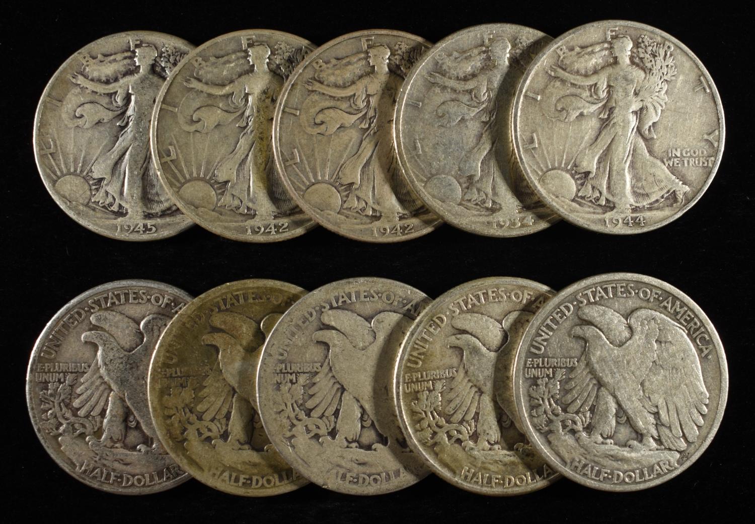 (10) 90% SILVER WALKING LIBERTY HALF DOLLARS