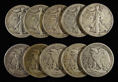 (10) 90% SILVER WALKING LIBERTY HALF DOLLARS. WEEKLY COIN & CURRENCY AUCTIONS ESTIMATE $380 - $430.