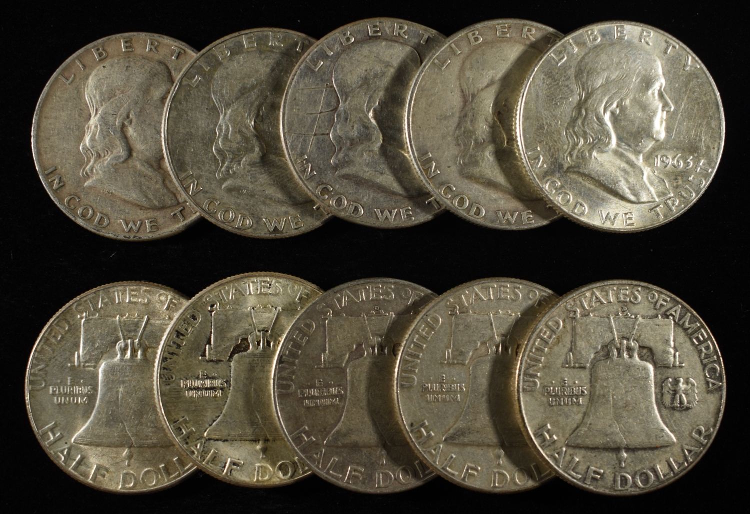 (10) 90% SILVER FRANKLIN HALF DOLLARS