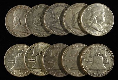 (10) 90% SILVER FRANKLIN HALF DOLLARS. TOP RATED AUCTION HOUSE ESTIMATE $430 - $480.