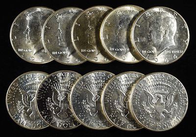 (10) KENNEDY HALF DOLLARS 90% SILVER. LEADERS IN ON-LINE AUCTIONS ESTIMATE $350 - $400.