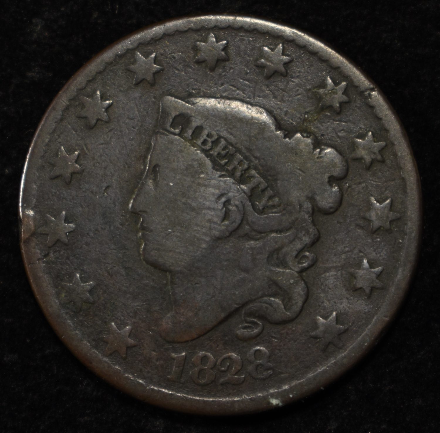 1828 CORONET HEAD LARGE CENT SMALL DATE VG