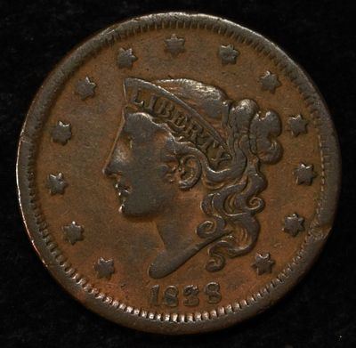 1838 CORONET HEAD LARGE CENT VF/EF. WEEKLY COIN & CURRENCY AUCTIONS ESTIMATE $80 - $120.