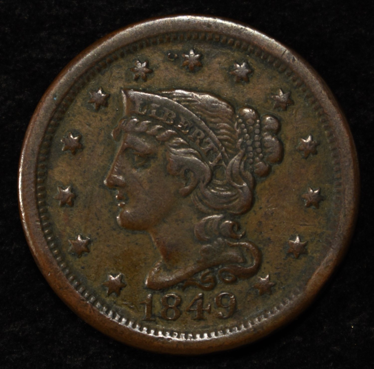 1849 BRAIDED HAIR LARGE CENT XF/AU