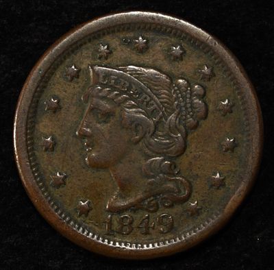 1849 BRAIDED HAIR LARGE CENT XF/AU. BID WITH SILVER CITY AUCTIONS ESTIMATE $150 - $200.