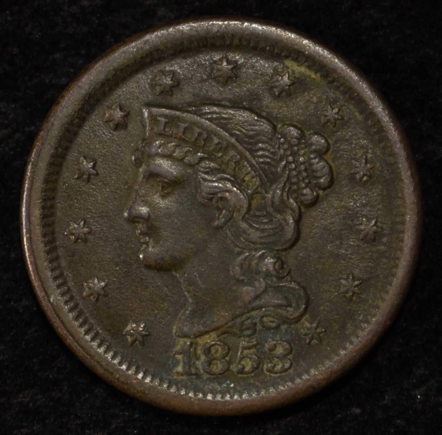 1853 BRAIDED HAIR LARGE CENT XF/AU