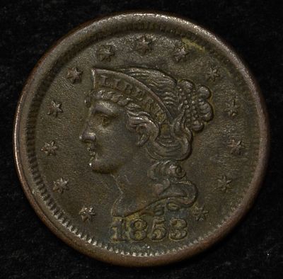 1853 BRAIDED HAIR LARGE CENT XF/AU. LEADERS IN ON-LINE AUCTIONS ESTIMATE $80 - $120.