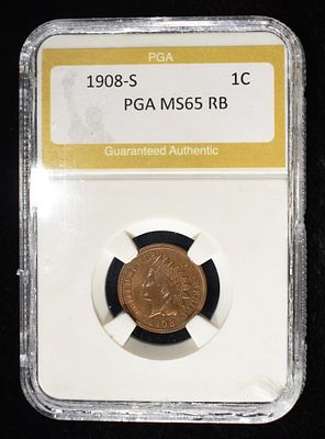 1908-S INDIAN CENT PGA GEM BU RB. DAMAGED HOLDER ESTIMATE $700 - $750.