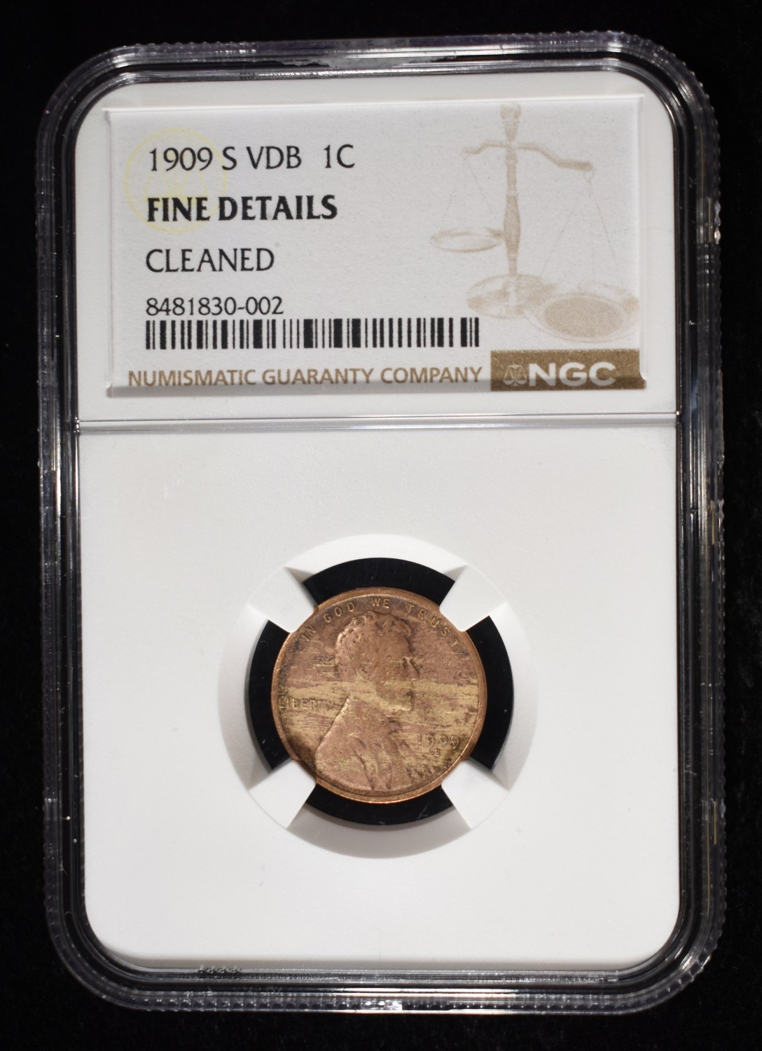 1909-S VDB WHEAT CENT NGC FINE DETAIL CLEANED