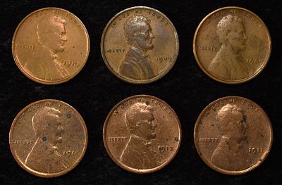 (6) WHEAT CENTS. 1910 WHEAT CENT VF, 1914 WHEAT CENT FINE, 1909 WHEAT CENT FINE, 1909 VDB WHEAT 